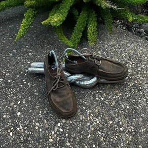 Olukai Ohana Lace Up Brown NuBuck Moc Toe Fold Heel Casual Shoes